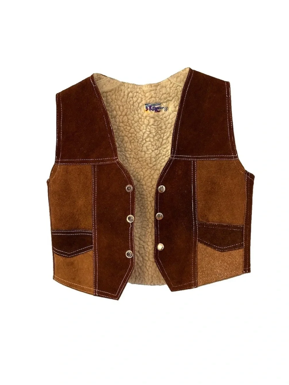 Vintage 70s Kids Suede Leather Sherpa Vest Western Patchwork Mexico Sz 18 M/L